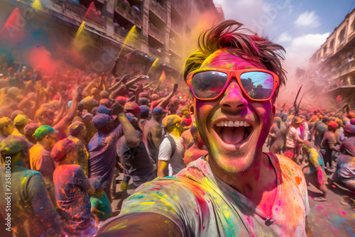 image of a cheerful man in glasses with a colored face celebrating the festival of colors Holi. Man having fun with colorful paints, Holi festival