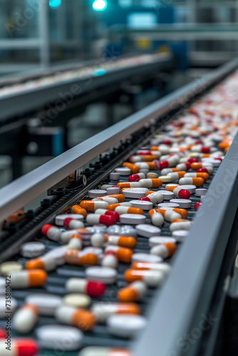 pills on a conveyor belt, making medicine