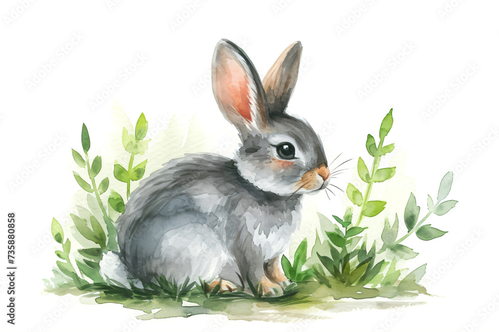 Obraz premium Watercolor illustration of a cute fluffy rabbit with big ears sitting in spring grass isolated on white background. Happy Easter. Cartoon character for nursery, baby shower. Banner with copy space