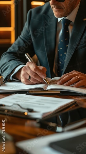 Man in a business suit sitting at a desk, writing or signing a document with a pen