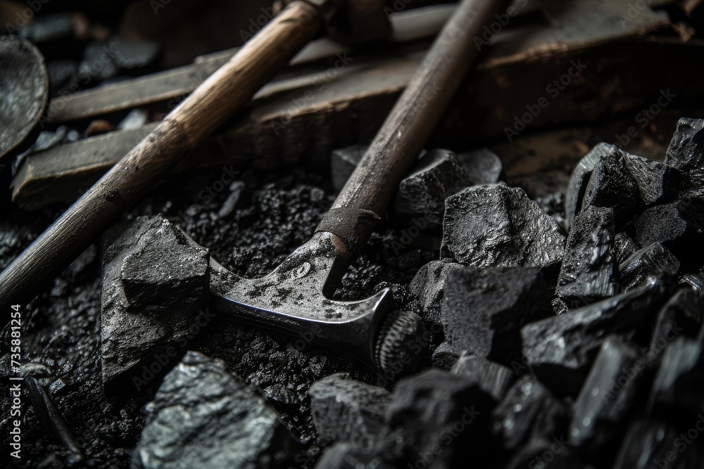 Close-up of coal mining tools in the dark, emphasizing the mining industry. Close-up of coal mining tools in the dark, emphasizing the mining industry.
