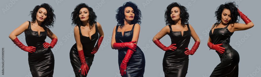 Set of five images luxurious asian woman posing in black leather dress and red gloves. Dominant Fetish Lady. Set of five images luxurious asian woman posing in black leather dress and red gloves. Dominant Fetish Lady.