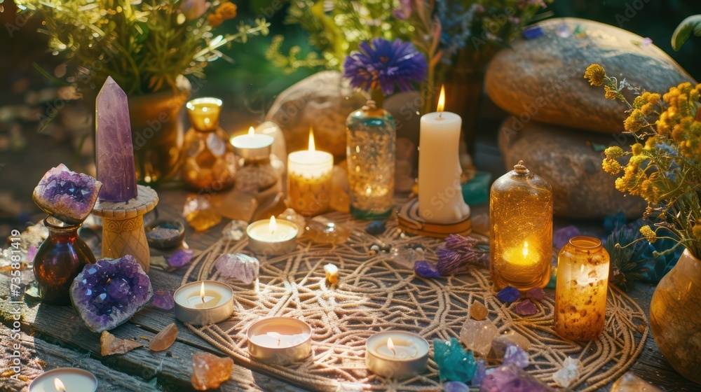 Arrangement of astrological symbols, candles, and crystals for equinox celebration, surrounded by nature.
