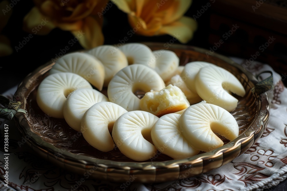 Indian peda sweets on ornate plate with floral backdrop. Indian peda sweets on ornate plate with floral backdrop.