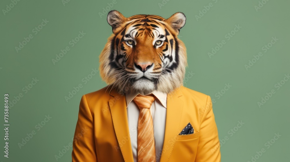 Tiger dons sharp business suit against green backdrop.