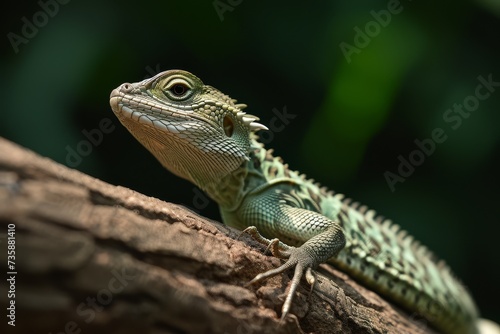 Close-up of a green iguana perched on a tree branch in natural habitat