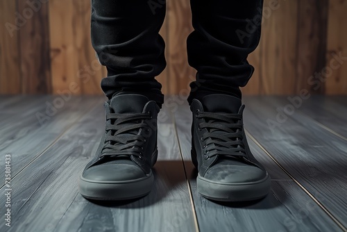 Stylish black sneakers on wooden floor, urban footwear fashion