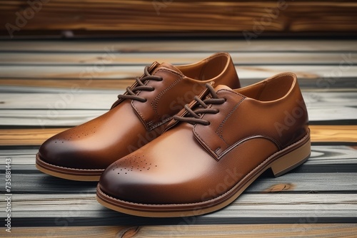 Pair of brown leather dress shoes on wooden background.