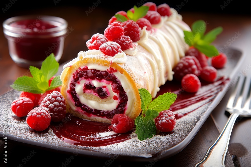 Decadent raspberry roll cake with whipped cream and berry filling ...