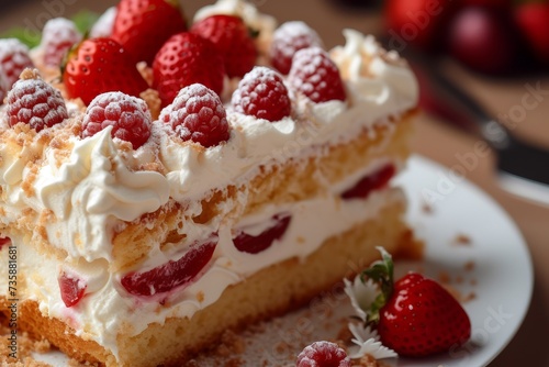 A slice of cream cake with strawberries and raspberries on top  on a white plate.
