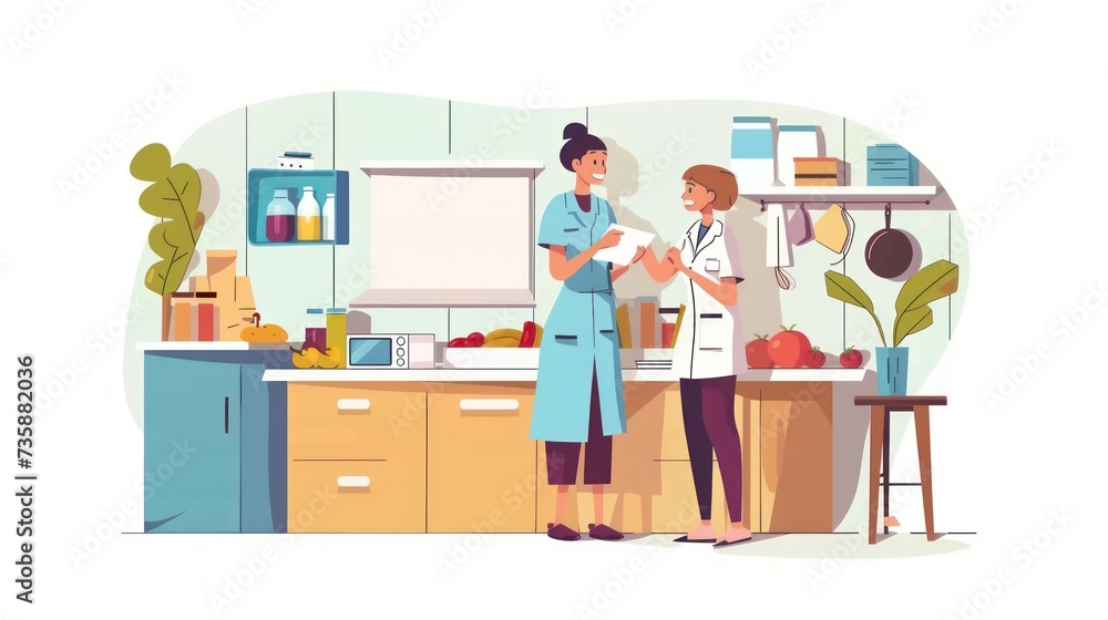 A nutritionist in a medical uniform counsels a patient on healthy living and nutritious eating habits.