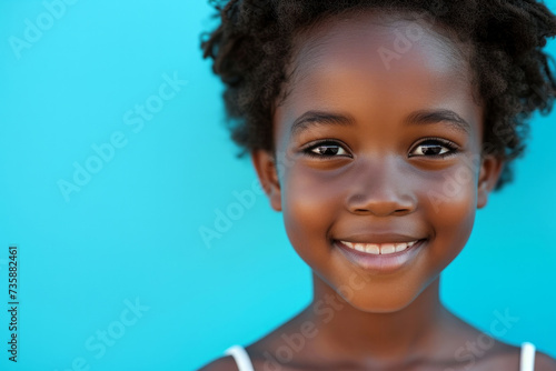 lovely girl isolated cyan color background. Portrait of Beautiful african girl. black leather. The African girl turned her to the camera