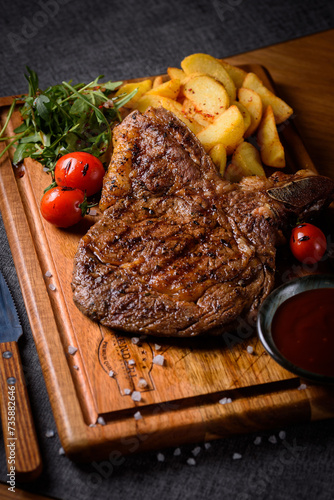 juicy steak with potatoes and tomato sauce