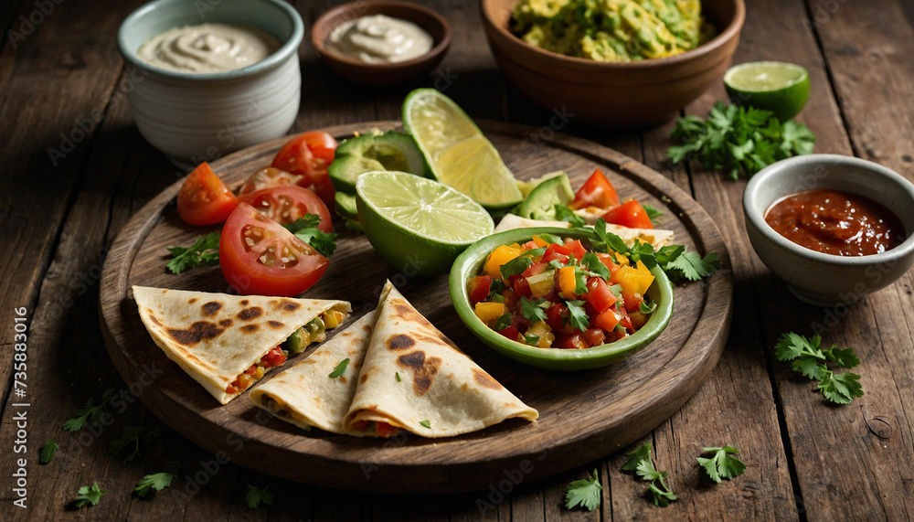 A vegetable quesadilla sliced into neat triangles arranged artistically on a weathered wooden board, accompanied by fresh herbs and lime wedges, inviting viewers to indulge in its savory flavors
