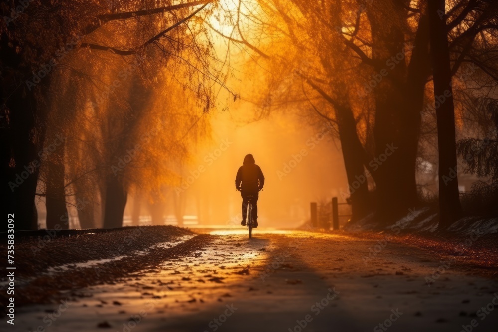 Man is cycling down the road in winter and outdoors in autumn autumn photography. Travel in wintertime Man is cycling down the road in winter and outdoors in autumn autumn photography. Travel in wintertime