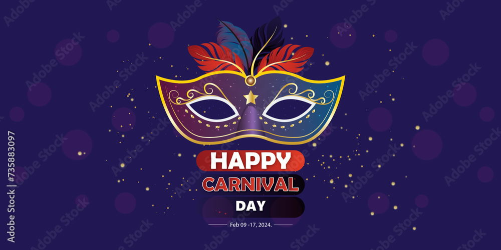 Fototapeta premium Carnival and festival. Vector illustration of musical and dance celebration, masquerade, party, people, palm and mask. Drawing for poster, background and card