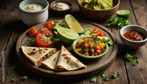 A vegetable quesadilla sliced into neat triangles arranged artistically on a weathered wooden board, accompanied by fresh herbs and lime wedges, inviting viewers to indulge in its savory flavors