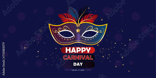 Carnival and festival. Vector illustration of musical and dance celebration, masquerade, party, people, palm and mask. Drawing for poster, background and card