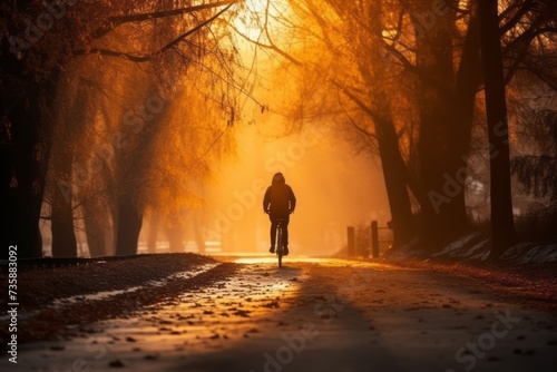 Man is cycling down the road in winter and outdoors in autumn autumn photography. Travel in wintertime