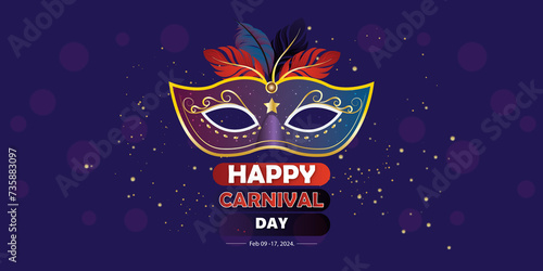 Carnival and festival. Vector illustration of musical and dance celebration, masquerade, party, people, palm and mask. Drawing for poster, background and card