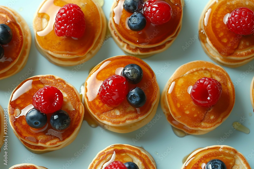 Obraz premium Mini pancakes with berries pattern banner background.