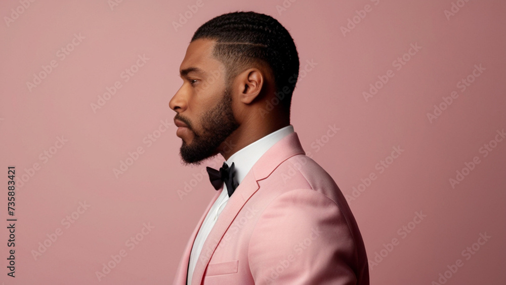 Obraz premium Portrait of good looking fashionableAfrican man in pink suit on the pink background