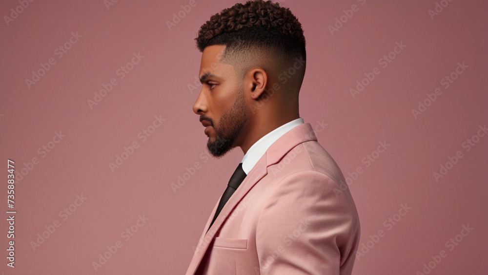 Obraz premium Portrait of good looking fashionableAfrican man in pink suit on the pink background