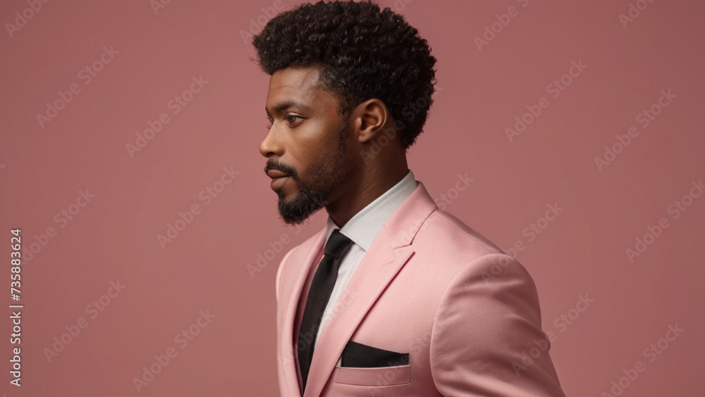 Obraz premium Portrait of good looking fashionableAfrican man in pink suit on the pink background