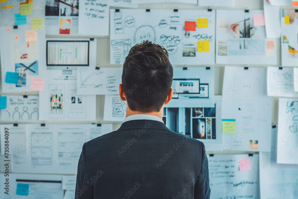 Back view of Businessman managing deadline tasks, check week plan attached on big wall with paper notes, maximize work efficiency concept. Back view of Businessman managing deadline tasks, check week plan attached on big wall with paper notes, maximize work efficiency concept.