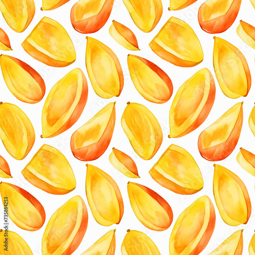 Watercolor Mango Seamless Pattern, Aquarelle Yellow Tropical Fruit Cut, Creative Watercolor Mango Tile photo