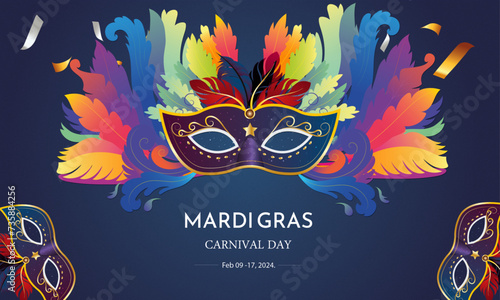 Carnival and festival. Vector illustration of musical and dance celebration, masquerade, party, people, palm and mask. Drawing for poster, background and card