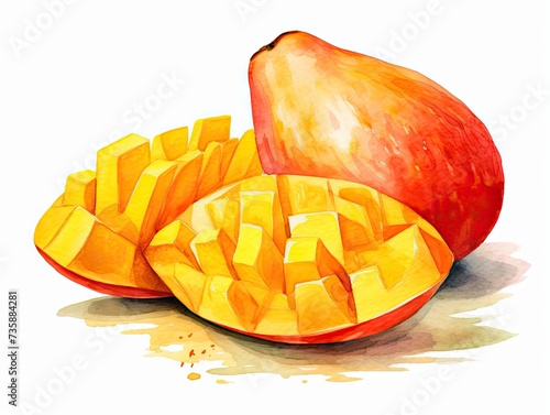 Watercolor Mango Isolated, Aquarelle Yellow Tropical Fruit Cut, Creative Watercolor Mango on White photo