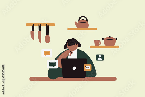 Woman working online with laptop computer at kitchen Vector Illustration