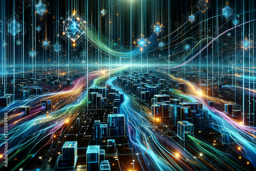 cyber big data flow and blockchain data fields within a network, with a visual style that evokes AI technology, digital communication, and science research.
