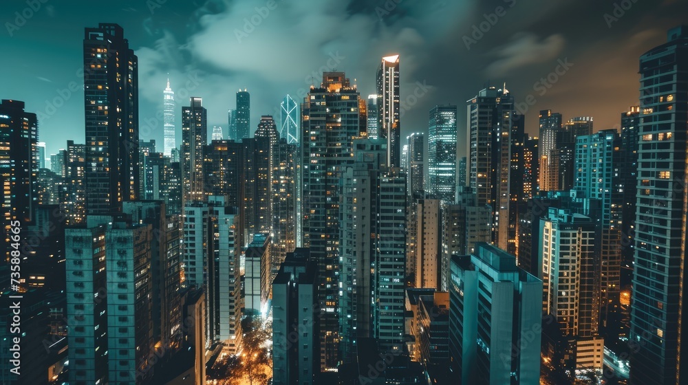 tall buildings in the night city against a dark background, focusing on realism and high detail to convey the urban atmosphere. tall buildings in the night city against a dark background, focusing on realism and high detail to convey the urban atmosphere.