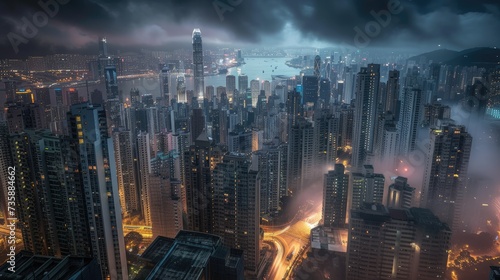 tall buildings in the night city against a dark background  focusing on realism and high detail to convey the urban atmosphere.