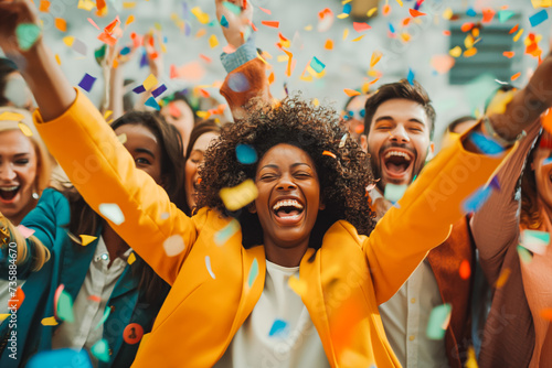 Happy diverse business team celebrating success and having fun all together with confetti falling around them.