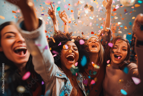 Happy diverse business team celebrating success and having fun all together with confetti falling around them.