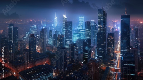 tall buildings in the night city against a dark background, focusing on realism and high detail to convey the urban atmosphere.