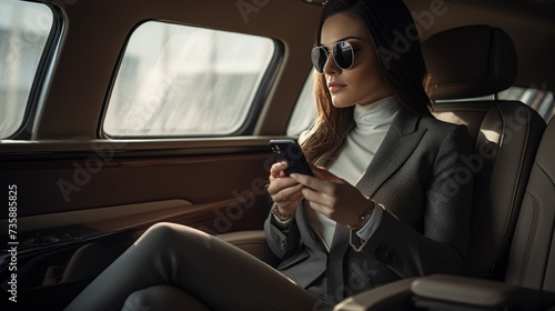 A young successful businesswoman who wears a stylish suit and sunglasses, uses a smartphone in the car during a trip, communicates with business partners, and types a message to friends and family.