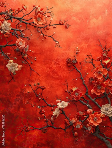 A Painting of Red Flowers plum bossom on a Red Background photo