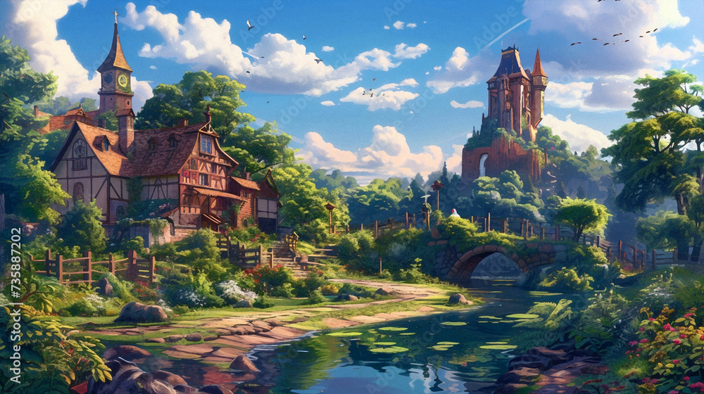 Medieval Environment Illustration. Beautiful 4K vintage town, vibrant colors. Generative AI
