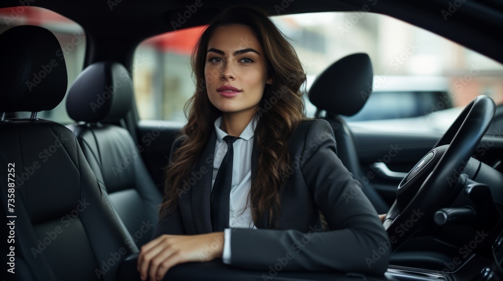 Close-up of a beautiful young successful businesswoman wearing a stylish black suit in the cabin of a luxury car.