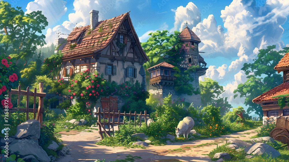 Fototapeta premium Medieval Environment Illustration. Beautiful 4K vintage town, vibrant colors. Generative AI