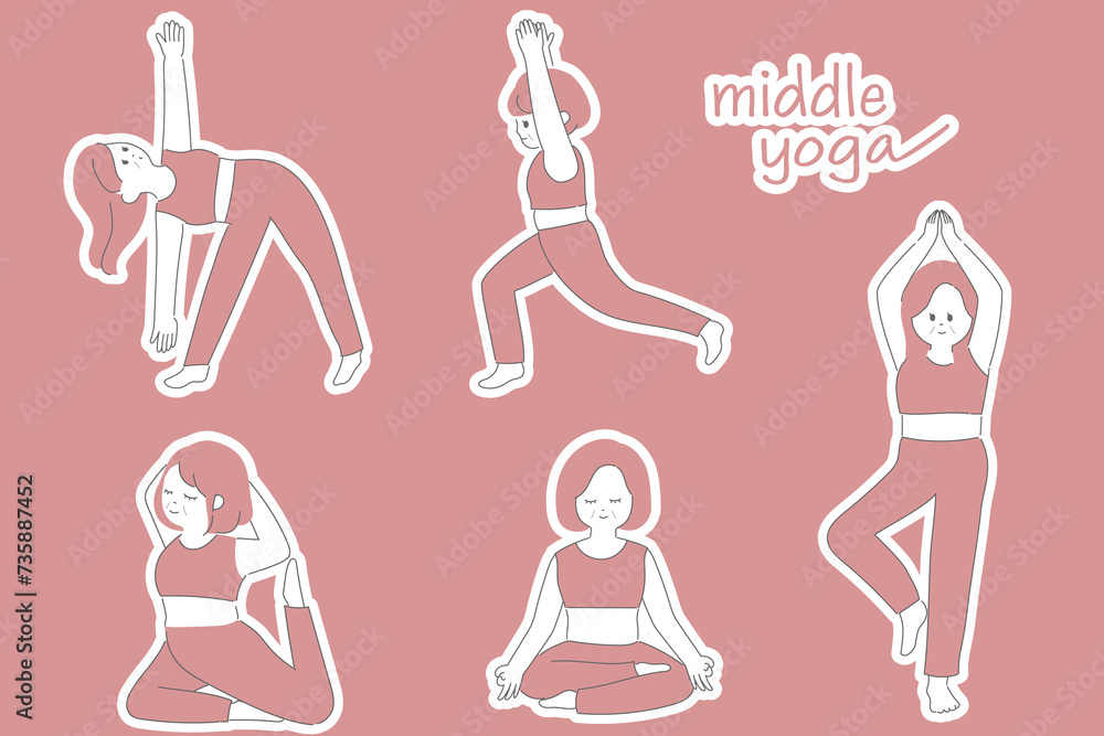 ミドル女性たちのヨガポーズセットpink