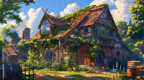 Medieval Environment Illustration. Beautiful 4K vintage town, vibrant colors. Generative AI