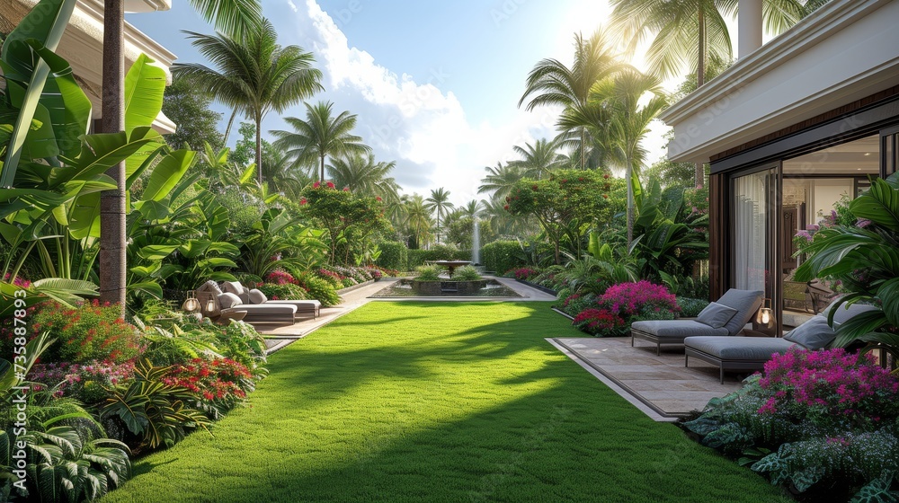 Grass is green, the sun shines, and the panorama features a tropical garden.