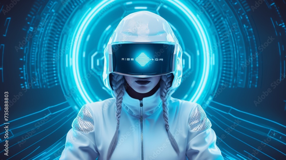 Cyber Racer: Futuristic Female Biker with Neon Blue Visor Cyber Racer: Futuristic Female Biker with Neon Blue Visor