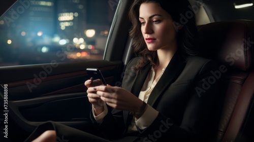A beautiful young successful businesswoman uses a smartphone in the car during a trip, communicates with business partners, and types a message to friends and family. © liliyabatyrova