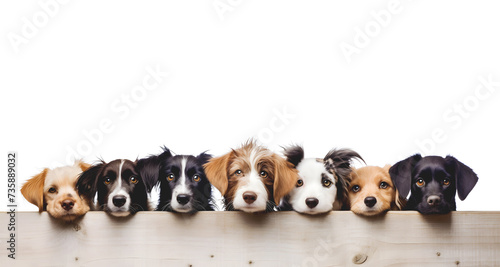 Purebred dogs stand in line behind wooden barrier together. Silent testament to camaraderie and companionship shared among dogs against white wall